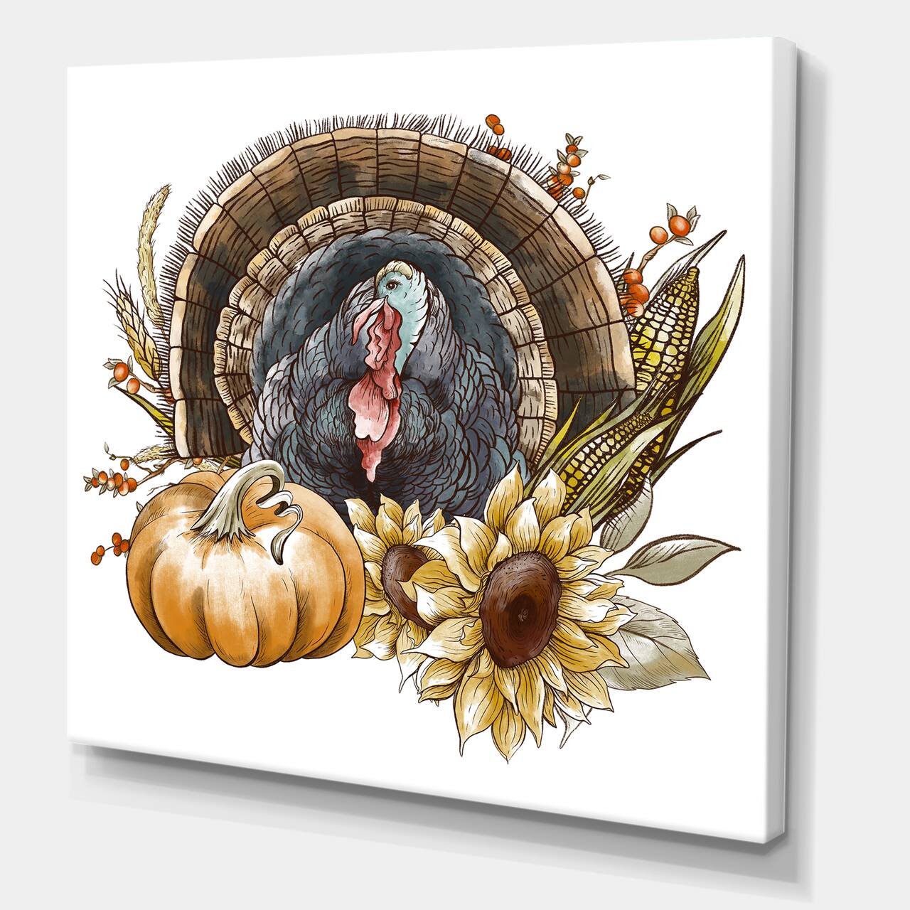 Designart Thanksgiving Vintage Turkey, Sunflowers & Pumpkin Farmhouse Canvas Wall Art